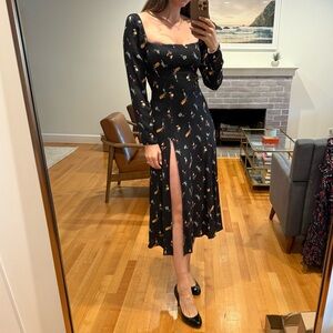 Reformation Black Midi Dress with Cocktail Pattern, size 6